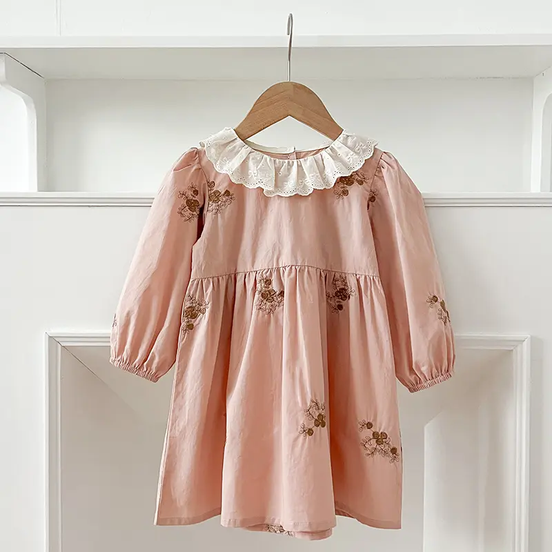 2025 Spring New Girls Dress Pink Little Girl Lace Collar Dress Cotton Baby Embroider Princess Dress Princess Kids Dress