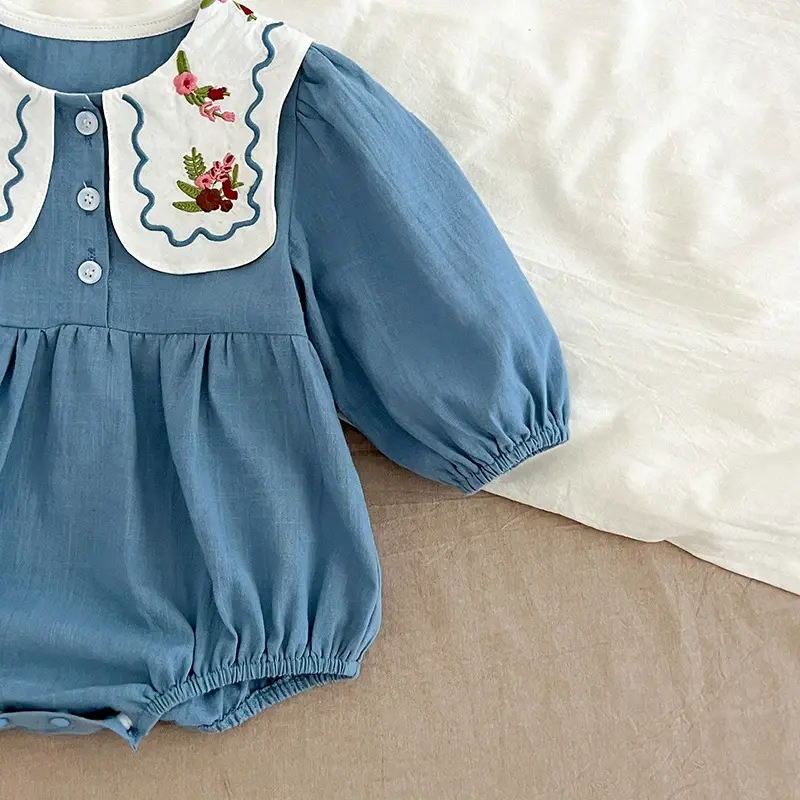2024 Fashion Baby Romper 0-2Yrs Newborn Bodysuit Embroidered Flowers Clothing Peter Pan Collar Long Sleeves Infant Girl Jumpsuit