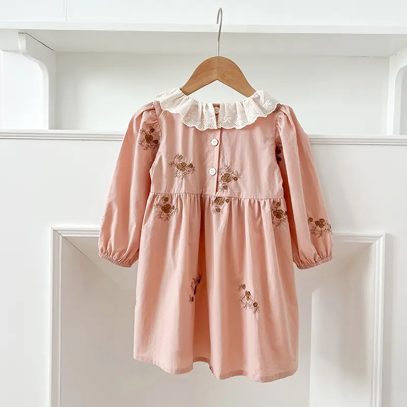 2025 Spring New Girls Dress Pink Little Girl Lace Collar Dress Cotton Baby Embroider Princess Dress Princess Kids Dress