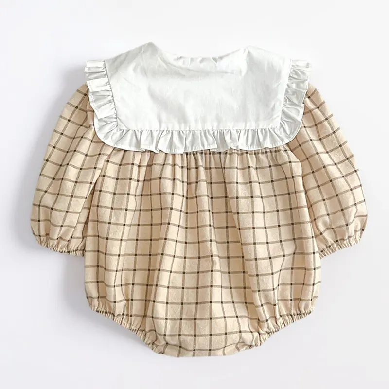 Newborn Infant Baby Girls Romper Grid Solid Long Sleeve Cotton Rompers Large Collar Kids Baby Jumpsuit Playsuit Baby Clothes ﻿