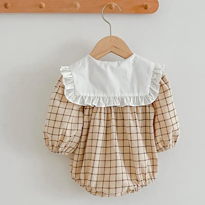 Newborn Infant Baby Girls Romper Grid Solid Long Sleeve Cotton Rompers Large Collar Kids Baby Jumpsuit Playsuit Baby Clothes ﻿