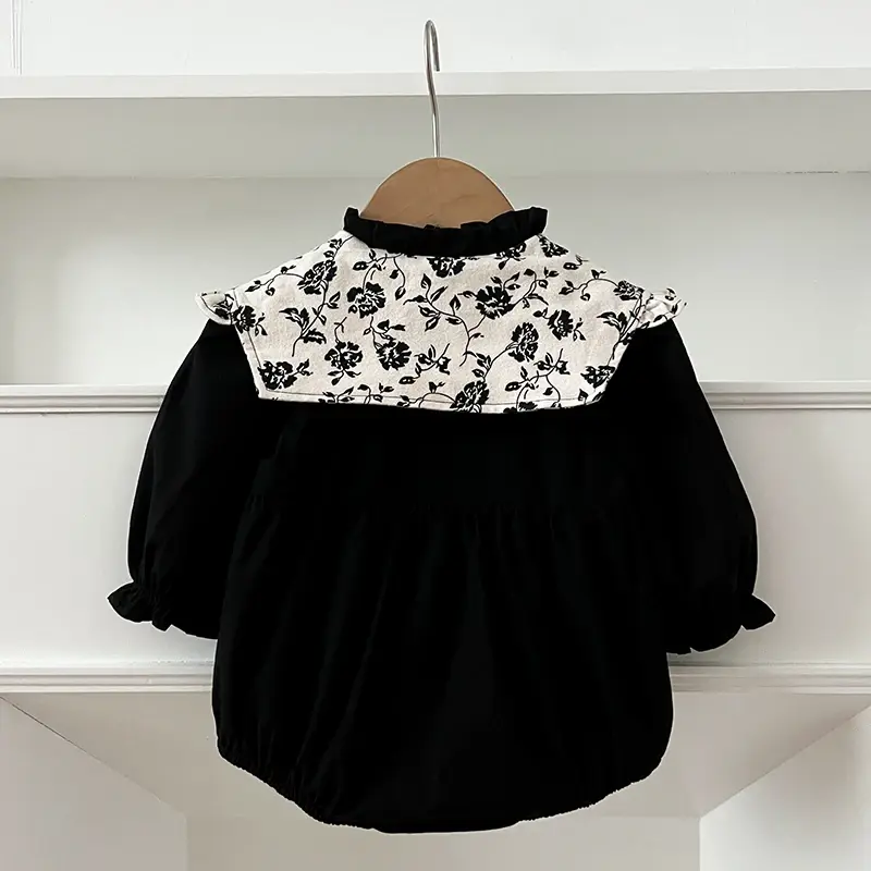 0-2 Years Old Autumn Infant Bodysuit Newborn Girls Romper Floral Embroidery Lapel Solid Color Long Sleeved Jumpsuit Baby Clothes