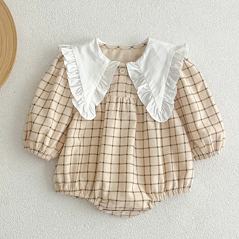 Newborn Infant Baby Girls Romper Grid Solid Long Sleeve Cotton Rompers Large Collar Kids Baby Jumpsuit Playsuit Baby Clothes ﻿