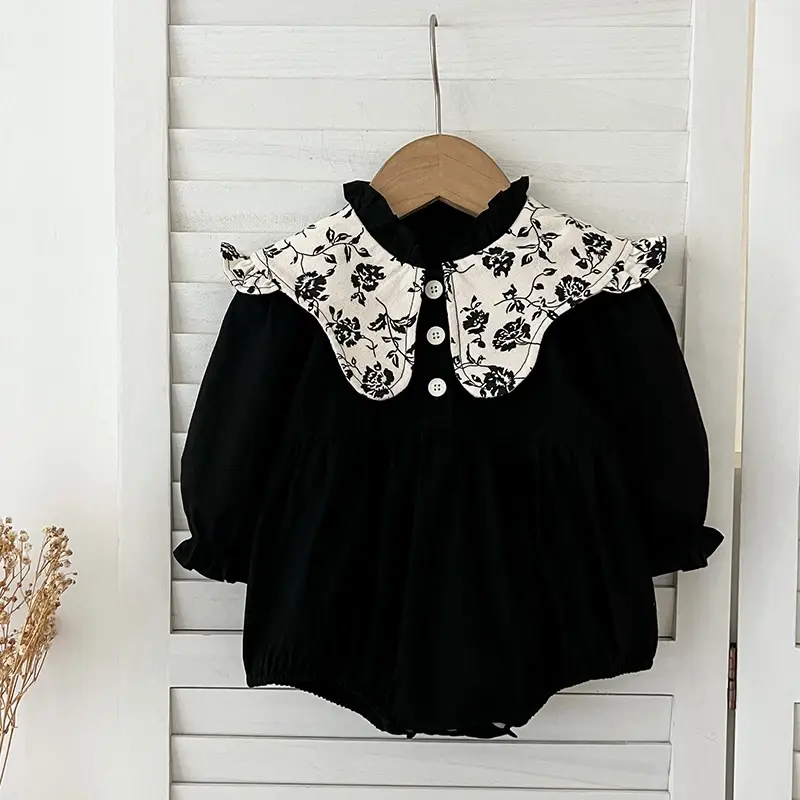 0-2 Years Old Autumn Infant Bodysuit Newborn Girls Romper Floral Embroidery Lapel Solid Color Long Sleeved Jumpsuit Baby Clothes