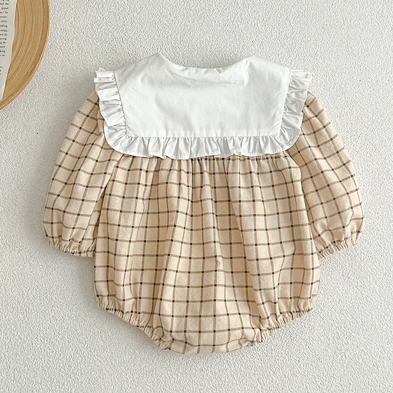 Newborn Infant Baby Girls Romper Grid Solid Long Sleeve Cotton Rompers Large Collar Kids Baby Jumpsuit Playsuit Baby Clothes ﻿