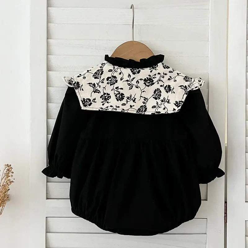 0-2 Years Old Autumn Infant Bodysuit Newborn Girls Romper Floral Embroidery Lapel Solid Color Long Sleeved Jumpsuit Baby Clothes