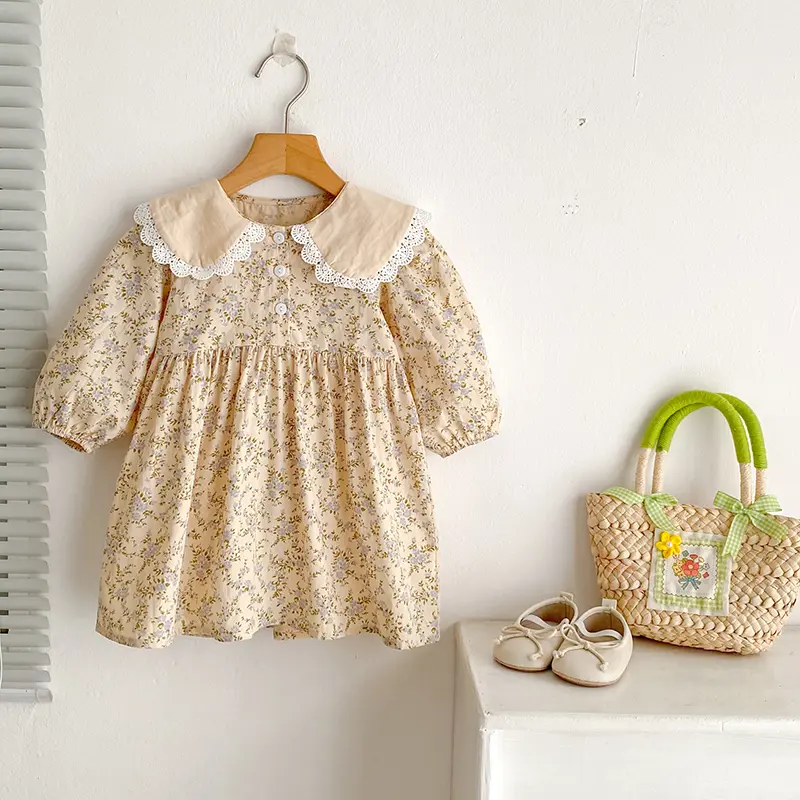 Baby Girls Flower Dresses 1-7Yrs Baby Girls Clothes Spring Autumn Flower Dresses Lace Turn-down Floral Girl Princess Dress