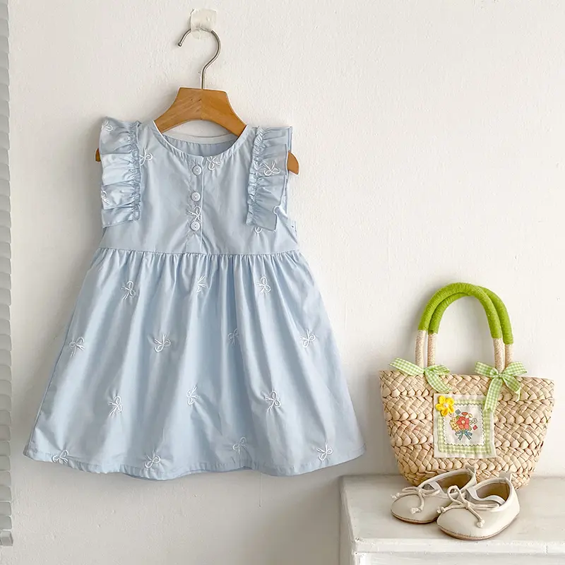 1-6Y Kids Outfits Summer Baby Girl Cotton Princess Dress Baby Embroidered Bow Flowers Dress Children Retro Casual Loose Dresses