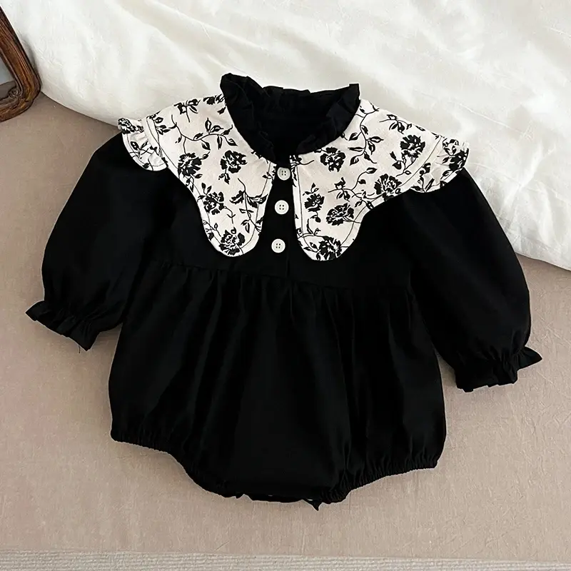 0-2 Years Old Autumn Infant Bodysuit Newborn Girls Romper Floral Embroidery Lapel Solid Color Long Sleeved Jumpsuit Baby Clothes
