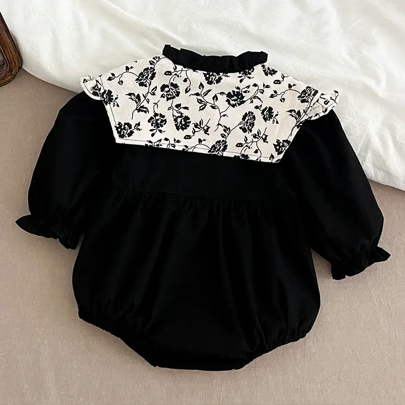 0-2 Years Old Autumn Infant Bodysuit Newborn Girls Romper Floral Embroidery Lapel Solid Color Long Sleeved Jumpsuit Baby Clothes