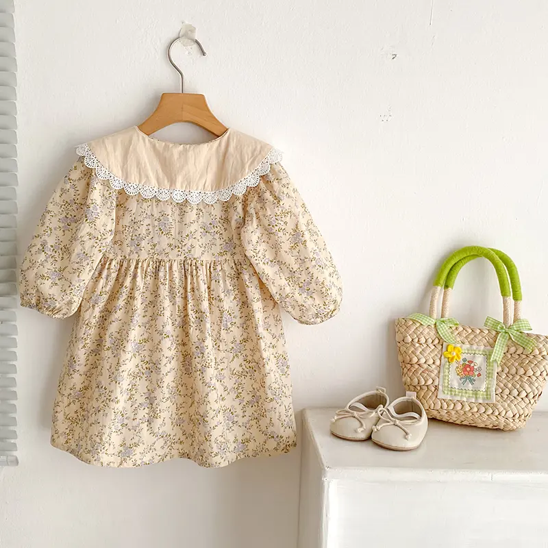 Baby Girls Flower Dresses 1-7Yrs Baby Girls Clothes Spring Autumn Flower Dresses Lace Turn-down Floral Girl Princess Dress