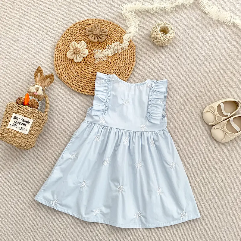 1-6Y Kids Outfits Summer Baby Girl Cotton Princess Dress Baby Embroidered Bow Flowers Dress Children Retro Casual Loose Dresses
