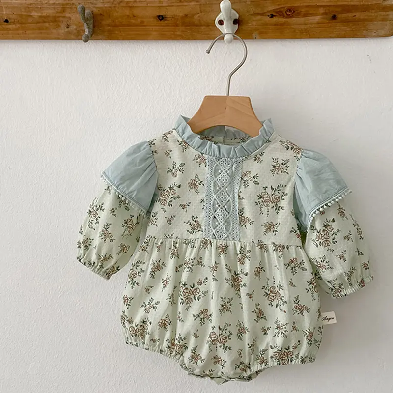 0-3Y Baby Autumn Clothes Retro Lace Infant Bow Ruffle Collar Long Sleeves Bodysuit Kids Girls Floral Print Casual Cotton Onesie