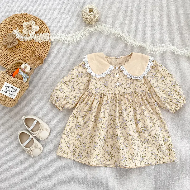 Baby Girls Flower Dresses 1-7Yrs Baby Girls Clothes Spring Autumn Flower Dresses Lace Turn-down Floral Girl Princess Dress