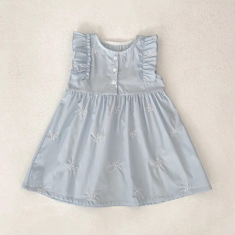 1-6Y Kids Outfits Summer Baby Girl Cotton Princess Dress Baby Embroidered Bow Flowers Dress Children Retro Casual Loose Dresses