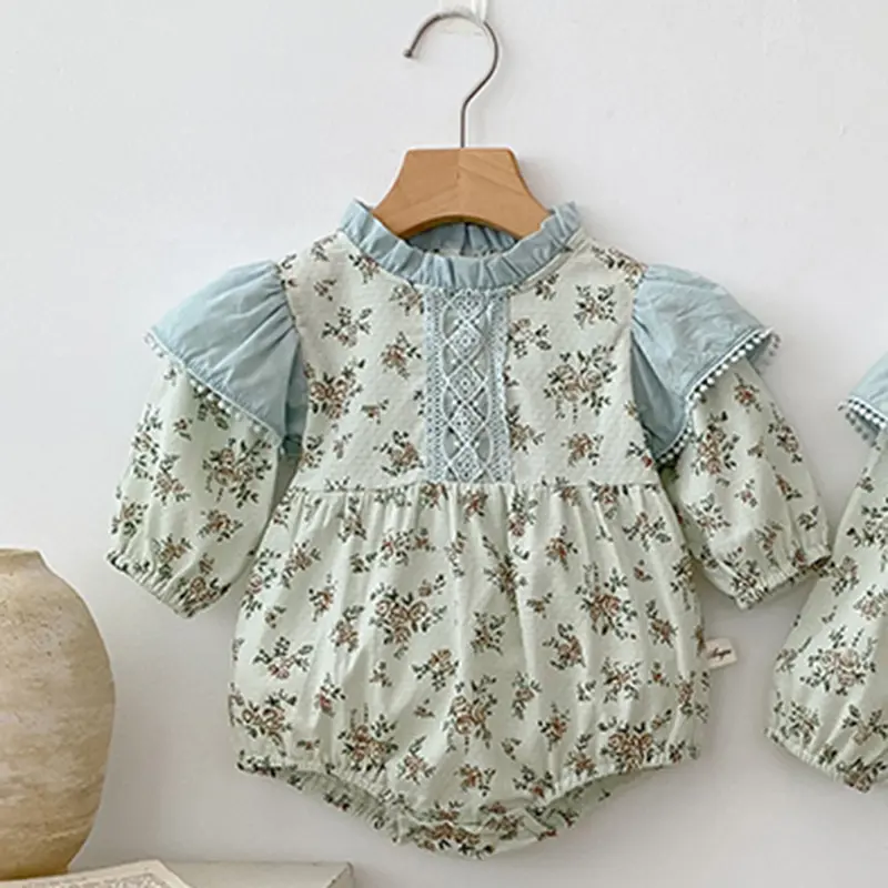 0-3Y Baby Autumn Clothes Retro Lace Infant Bow Ruffle Collar Long Sleeves Bodysuit Kids Girls Floral Print Casual Cotton Onesie