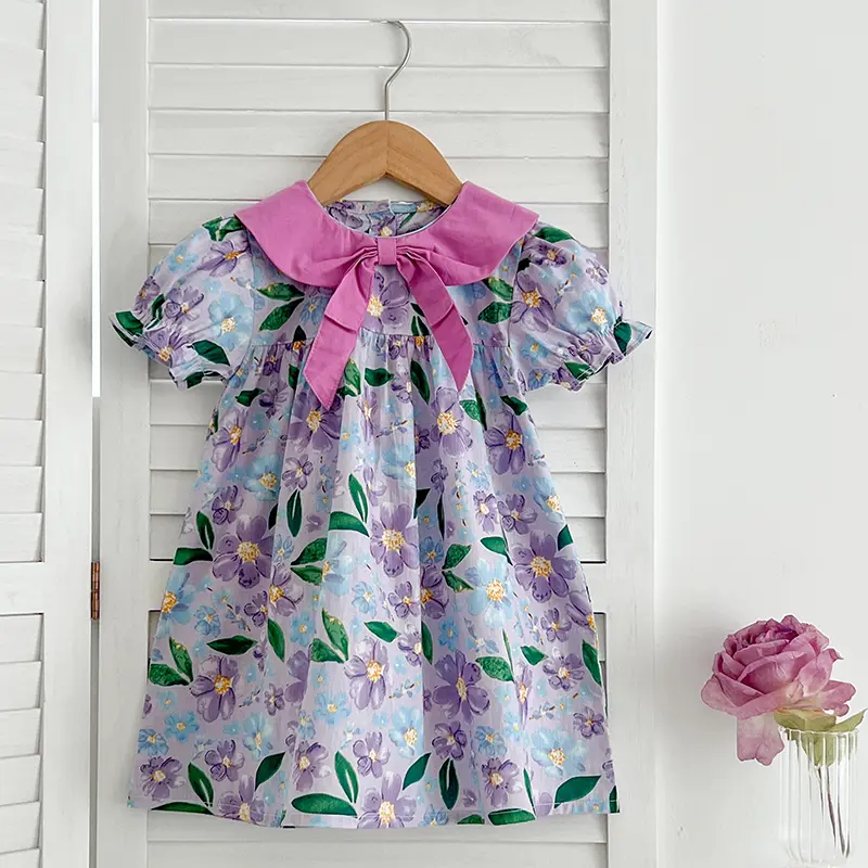 Girls Princess Dresses Summer Kids Baby Dress Puff Sleeve Purple Floral Sweet Dress Girls Bow A Line Party Dress Girls Clothes