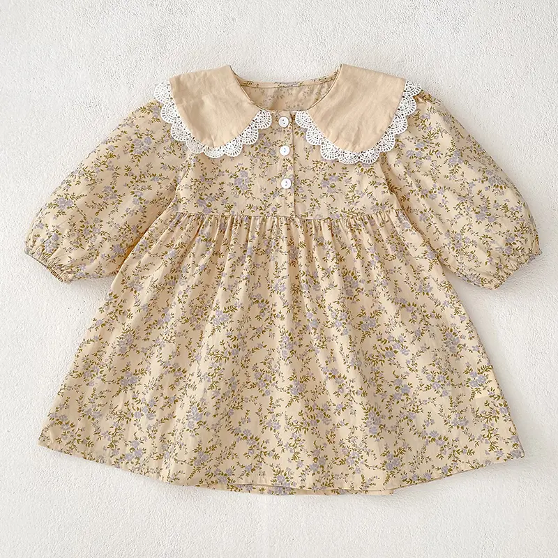 Baby Girls Flower Dresses 1-7Yrs Baby Girls Clothes Spring Autumn Flower Dresses Lace Turn-down Floral Girl Princess Dress