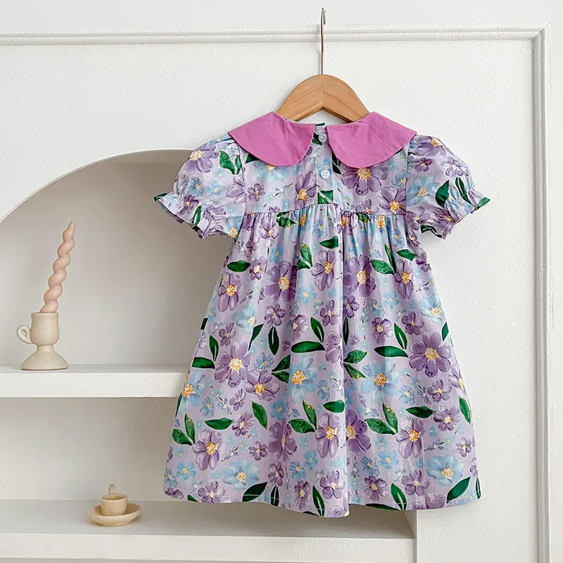 Girls Princess Dresses Summer Kids Baby Dress Puff Sleeve Purple Floral Sweet Dress Girls Bow A Line Party Dress Girls Clothes