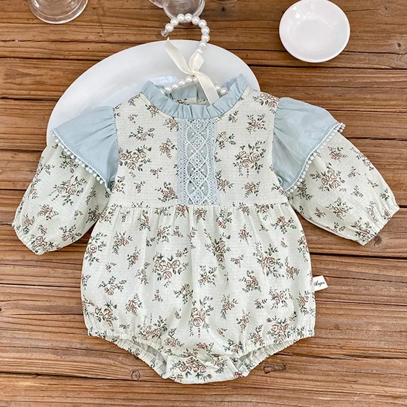 0-3Y Baby Autumn Clothes Retro Lace Infant Bow Ruffle Collar Long Sleeves Bodysuit Kids Girls Floral Print Casual Cotton Onesie