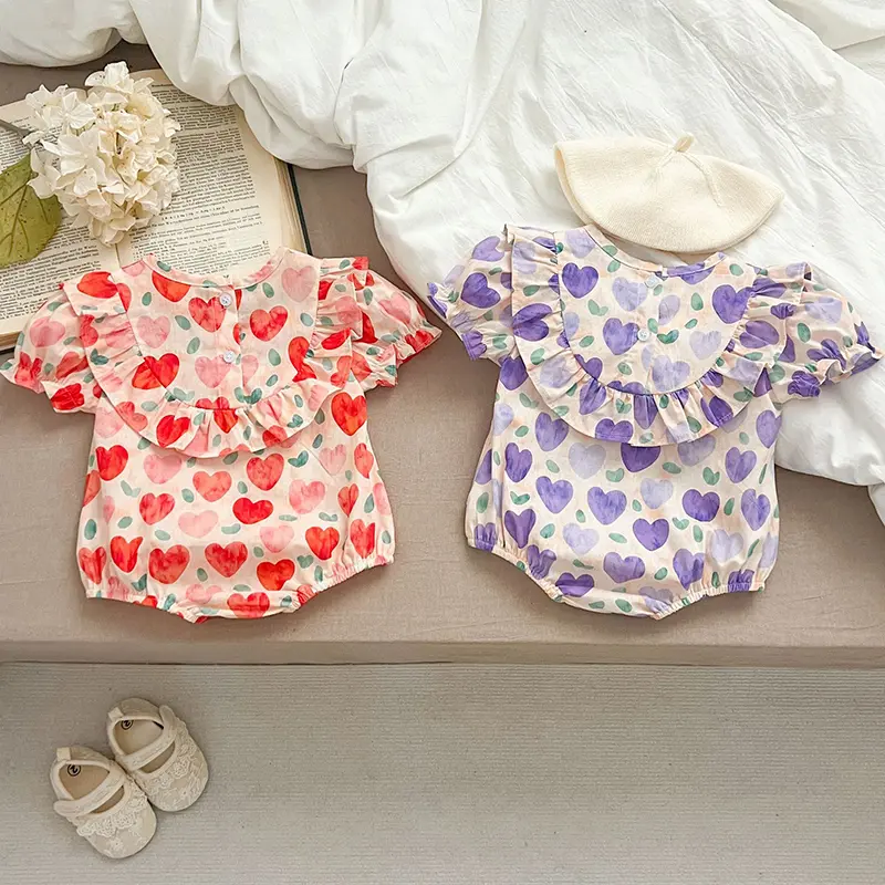 Infant Newborn Baby Girl Bodysuits Summer Baby Girls Clothing Love Print Romper Polk Collar Princess Sweet Kids Romper Jumpsuit