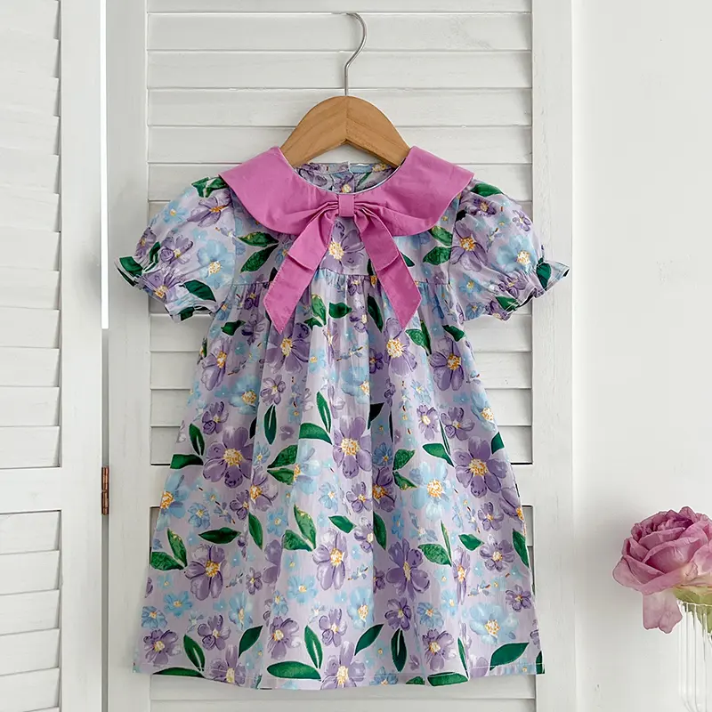 Girls Princess Dresses Summer Kids Baby Dress Puff Sleeve Purple Floral Sweet Dress Girls Bow A Line Party Dress Girls Clothes