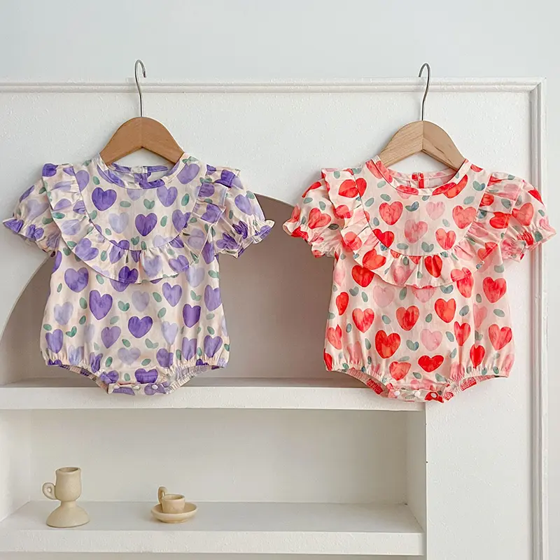 Infant Newborn Baby Girl Bodysuits Summer Baby Girls Clothing Love Print Romper Polk Collar Princess Sweet Kids Romper Jumpsuit