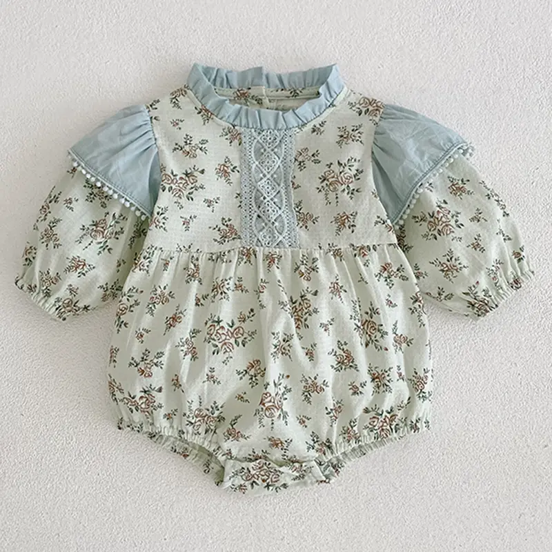 0-3Y Baby Autumn Clothes Retro Lace Infant Bow Ruffle Collar Long Sleeves Bodysuit Kids Girls Floral Print Casual Cotton Onesie