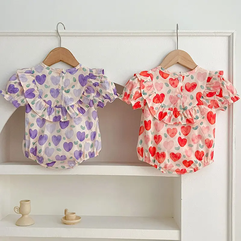 Infant Newborn Baby Girl Bodysuits Summer Baby Girls Clothing Love Print Romper Polk Collar Princess Sweet Kids Romper Jumpsuit