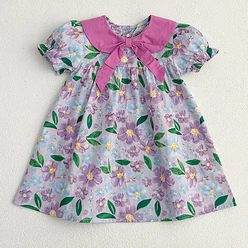 Girls Princess Dresses Summer Kids Baby Dress Puff Sleeve Purple Floral Sweet Dress Girls Bow A Line Party Dress Girls Clothes