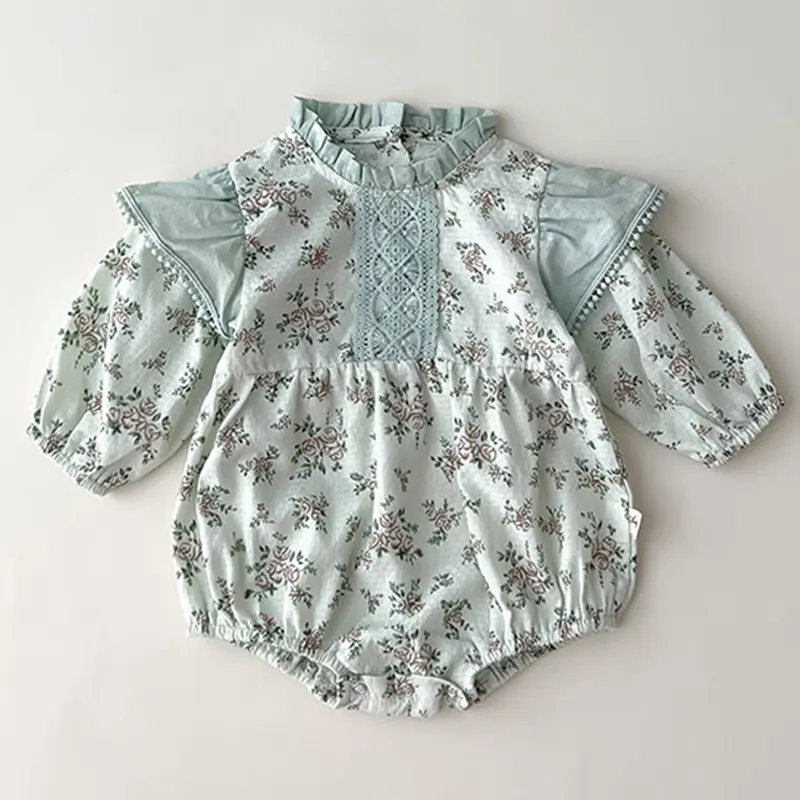 0-3Y Baby Autumn Clothes Retro Lace Infant Bow Ruffle Collar Long Sleeves Bodysuit Kids Girls Floral Print Casual Cotton Onesie