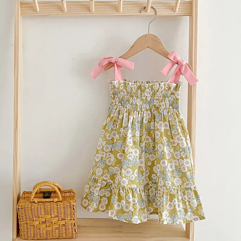 New Summer Baby Girls Princess Dress Korean Style Dress Floral Print Square Collar Sleeveless Sling Fairy Dress Children Clothes