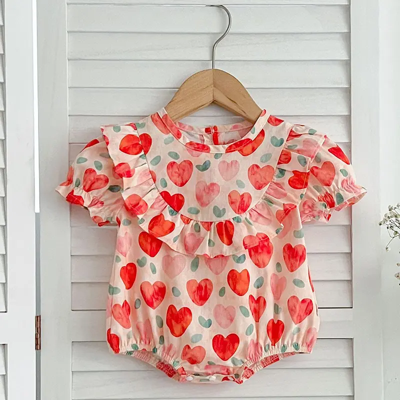 Infant Newborn Baby Girl Bodysuits Summer Baby Girls Clothing Love Print Romper Polk Collar Princess Sweet Kids Romper Jumpsuit