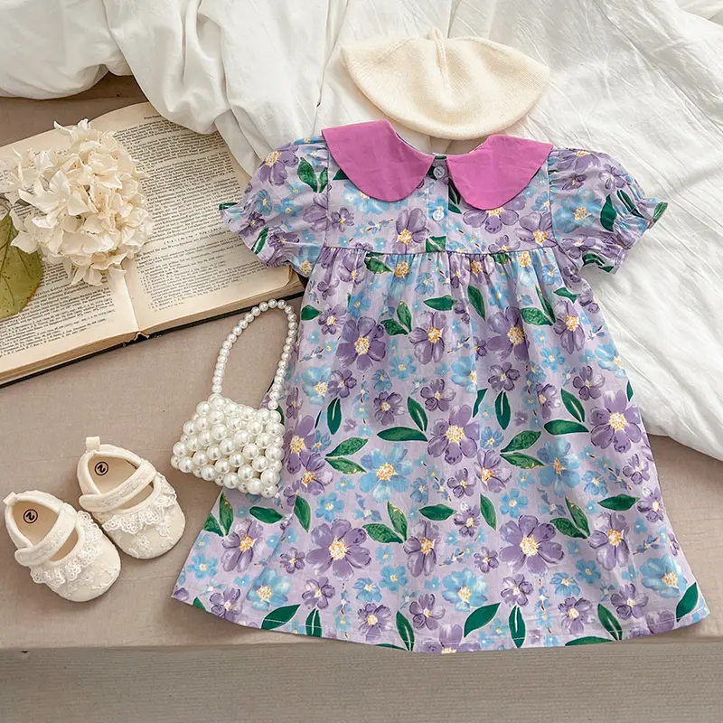 Girls Princess Dresses Summer Kids Baby Dress Puff Sleeve Purple Floral Sweet Dress Girls Bow A Line Party Dress Girls Clothes