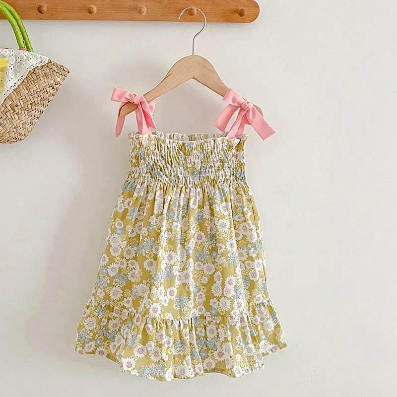 New Summer Baby Girls Princess Dress Korean Style Dress Floral Print Square Collar Sleeveless Sling Fairy Dress Children Clothes