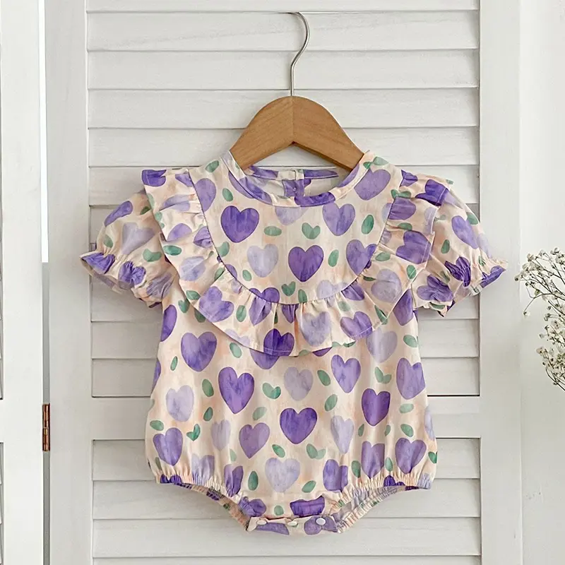 Infant Newborn Baby Girl Bodysuits Summer Baby Girls Clothing Love Print Romper Polk Collar Princess Sweet Kids Romper Jumpsuit