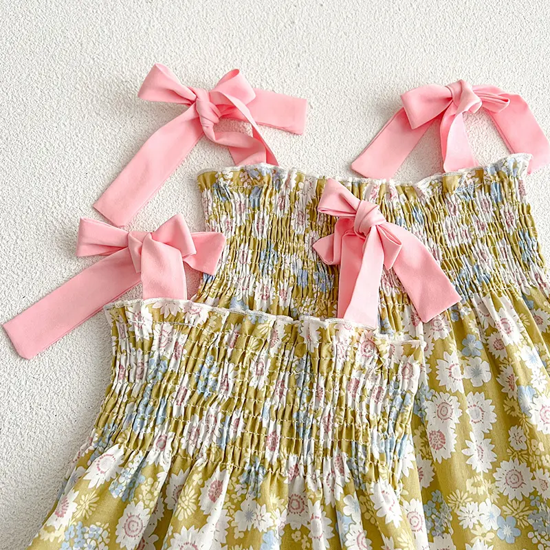 New Summer Baby Girls Princess Dress Korean Style Dress Floral Print Square Collar Sleeveless Sling Fairy Dress Children Clothes