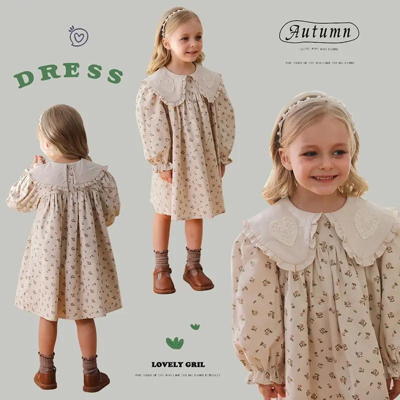 New Spring Kids Baby Girls Dress Long Sleeve Flower Princess Dress Autumn Baby Girls Doll Collar Dress Children Clothes Dress ﻿