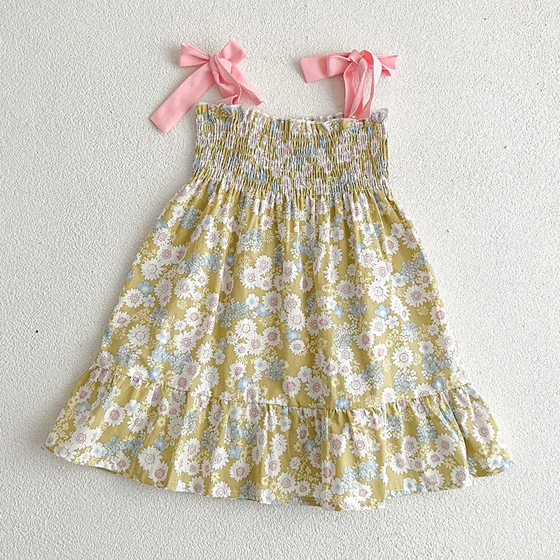 New Summer Baby Girls Princess Dress Korean Style Dress Floral Print Square Collar Sleeveless Sling Fairy Dress Children Clothes