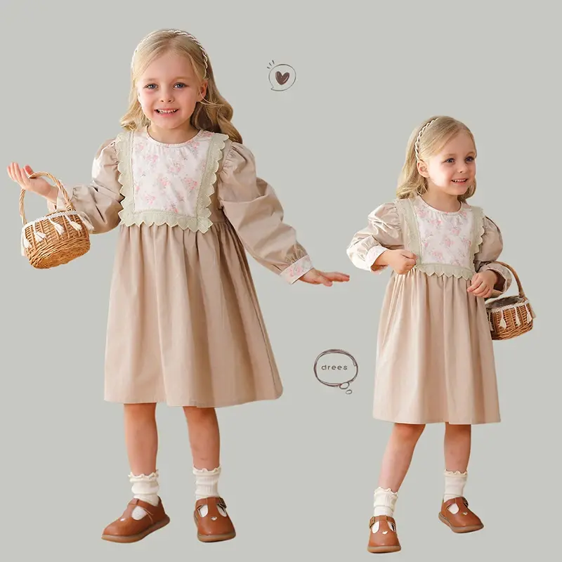 1-7Yrs Children Dress Spring 2025 Girl Floral Embroidery Lace Collar Dress Cotton Casual Girl's Dress Retro Flower Girl Dresses