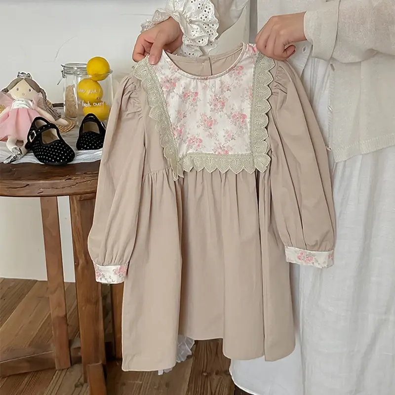 1-7Yrs Children Dress Spring 2025 Girl Floral Embroidery Lace Collar Dress Cotton Casual Girl's Dress Retro Flower Girl Dresses
