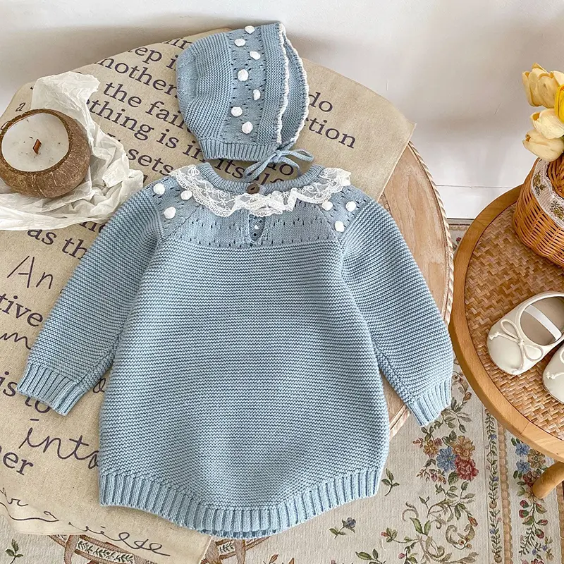 Kids Baby Girls Long Sleeve Solid Color Knit Jumpsuit Spring Infant Baby Girls Clothes Newborn Baby Girls Lace Rompers 0-3Yrs