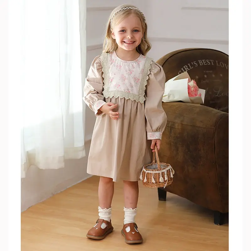 1-7Yrs Children Dress Spring 2025 Girl Floral Embroidery Lace Collar Dress Cotton Casual Girl's Dress Retro Flower Girl Dresses