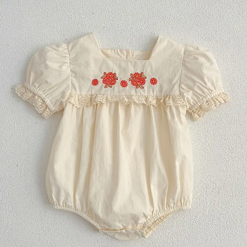 2025 Summer Romper 0-24M Baby Girl Clothing Newborn Baby Girl Romper Cotton Red Embroidered Flowers Toddler Baby Girls Jumpsuit