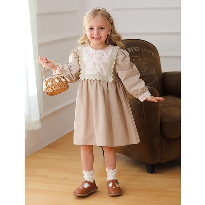 1-7Yrs Children Dress Spring 2025 Girl Floral Embroidery Lace Collar Dress Cotton Casual Girl's Dress Retro Flower Girl Dresses