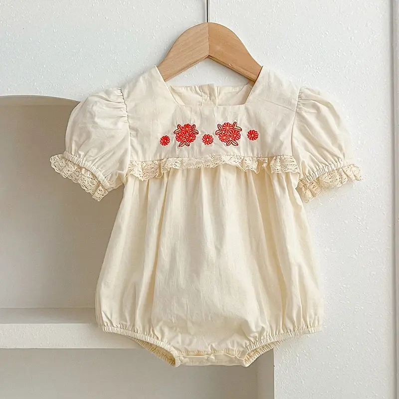 2025 Summer Romper 0-24M Baby Girl Clothing Newborn Baby Girl Romper Cotton Red Embroidered Flowers Toddler Baby Girls Jumpsuit