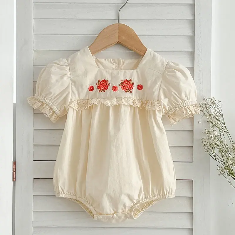 2025 Summer Romper 0-24M Baby Girl Clothing Newborn Baby Girl Romper Cotton Red Embroidered Flowers Toddler Baby Girls Jumpsuit