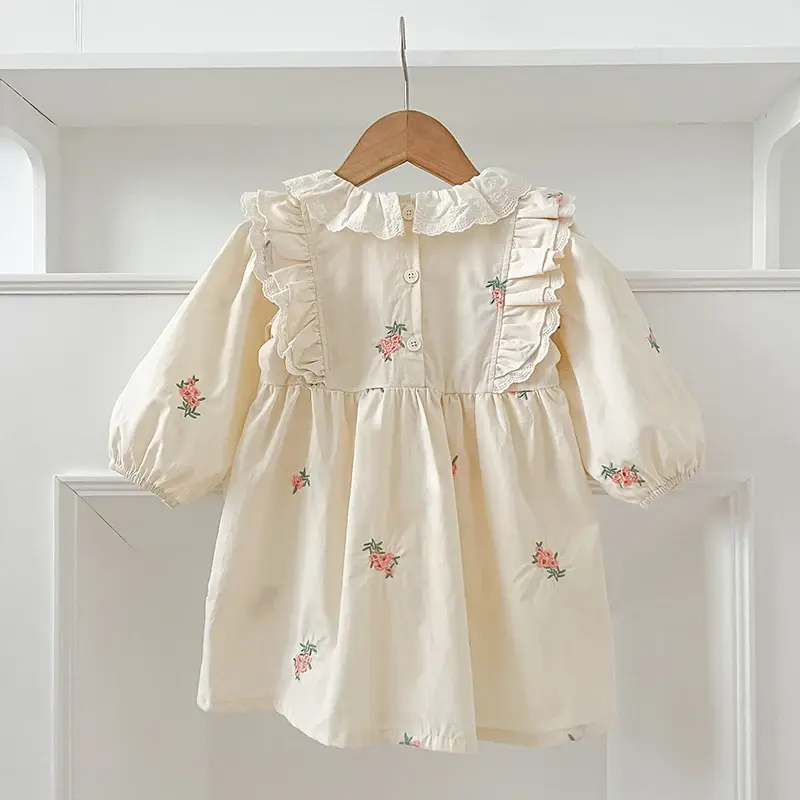 1-6Yrs Kids Dress Autumn Girls Dresses Long Sleeve Toddler Floral Embroidered Princess Dress Children Party Baby Clothing Retro