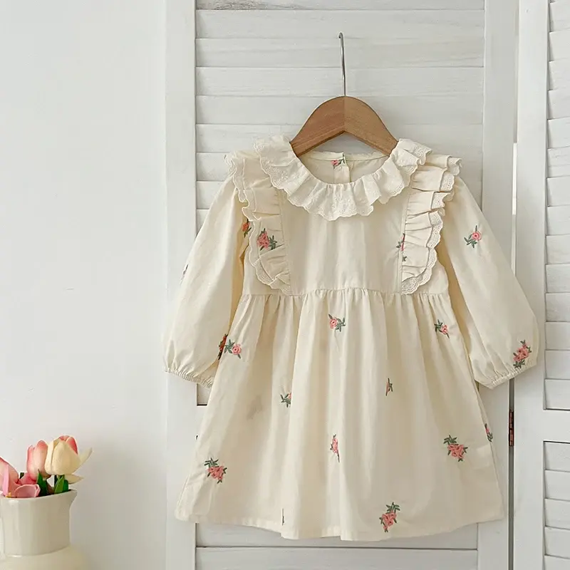 1-6Yrs Kids Dress Autumn Girls Dresses Long Sleeve Toddler Floral Embroidered Princess Dress Children Party Baby Clothing Retro