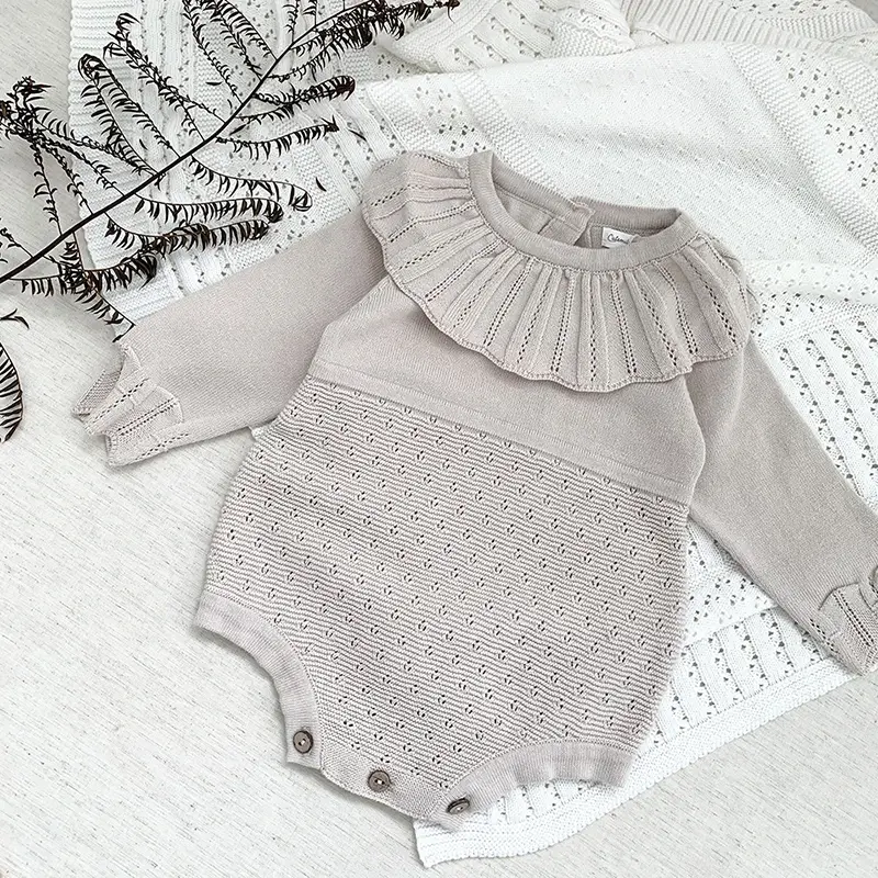 Autumn Baby Bodysuits Newborn Infant Kids Girls Solid Onesie Ruffled Coveralls Winter Long Sleeve Toddler Kids Outfit Clothes